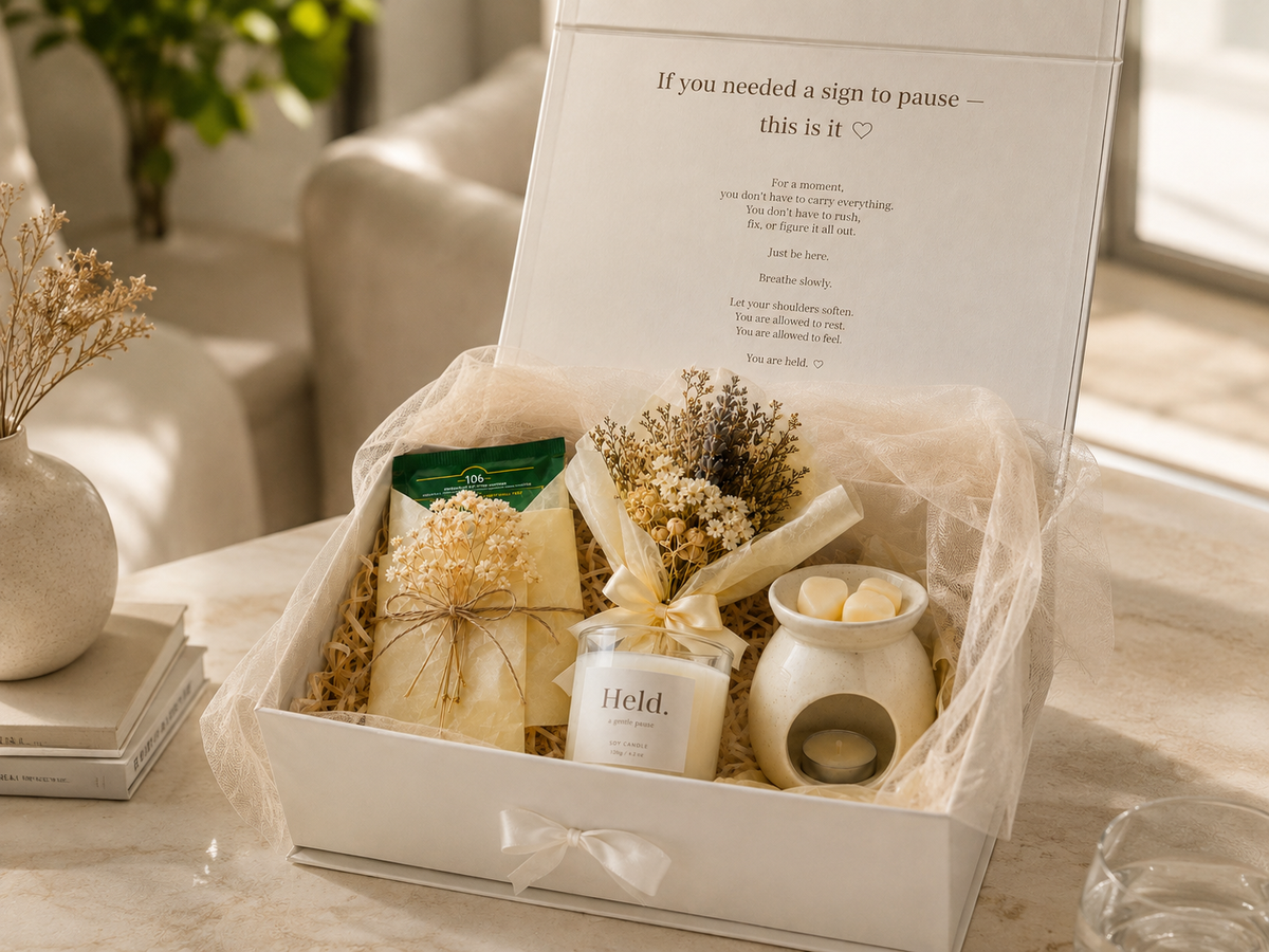 Held. corporate wellbeing gift box with personalised candle and tea ritual